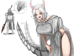 1boy 1girls ancient_dragon_lansseax big_breasts canon_couple clothed dragon_girl elden_ring female female_focus fromsoftware heart inviting_to_sex knight_on_monster medieval_armour showing_leg tail vyke_(elden_ring) wings