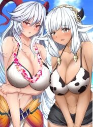 2girls alternate_costume ash_(fire_emblem) bangs bare_midriff bare_shoulders bikini blush breasts brown_eyes cleavage collarbone cow_girl cow_print cow_print_bikini dark-skinned_female dark_skin female female_only fire_emblem fire_emblem_heroes flower flower_necklace freyja_(fire_emblem) freyja_(summer)_(fire_emblem) frown grey_hair huge_breasts long_hair looking_at_viewer medium_hair midriff multicolored_hair multiple_girls nintendo official_alternate_costume outdoors pelvic_curtain pointy_ears red_eyes shorts shoulders sky smile swimsuit toshimasa very_long_hair white_bikini white_hair white_swimsuit