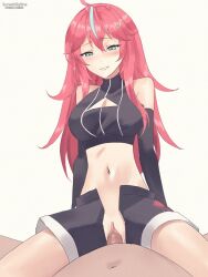 big_breasts blue_eyes elaine_(vtuber) exposed_shoulders female hair_ornament human kometa_virtual_live male midriff no_panties open_pants open_shorts pale_skin penis_in_pussy pov pussy red_hair sex shoulders sunsetskyline uncensored vaginal vaginal_penetration virtual_youtuber