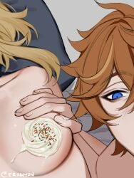 1boy 1boy1girl 1girls breast_focus breasts childe_(genshin_impact) dessert eriimyon female food food_on_breasts genshin_impact lumine_(genshin_impact) male straight tagme tartaglia_(genshin_impact) whipped_cream whipped_cream_on_breasts