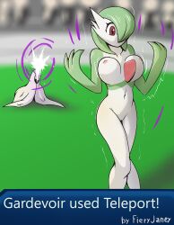 accidental_exposure anthro breasts clothing clothing_aside embarrassed exhibitionism exposed female fieryashy gameplay_mechanics gardevoir genitals hi_res humanoid nintendo nipples not_furry pokémon_(species) pokemon pokemon_(species) pokemon_move public pussy solo teleportation video_games