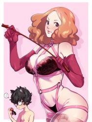 atlus ball_gag big_breasts bra breasts cat_ears elbow_gloves female frilly_clothing glasses harness haru_okumura holding_riding_crop joker_(persona) kukumomo lingerie megami_tensei panties persona persona_5 pink_harness ren_amamiya riding_crop stockings