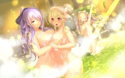 3girls absurdres alternate_hairstyle areola_slip areolae bangs bare_shoulders bare_thighs blonde_hair blush breast_grab breasts camilla_(fire_emblem) camilla_(hot_springs)_(fire_emblem) cleavage collarbone colored_inner_hair corrin_(female)_(fire_emblem) corrin_(fire_emblem) corrin_(fire_emblem)_(female) elise_(fire_emblem) embarrassed female female_only fire_emblem fire_emblem_fates fire_emblem_heroes grin hair_bun hair_over_one_eye highres kashiwamochi_yomogi large_breasts long_hair multicolored_hair multiple_girls naked_towel nintendo nude nude_female official_alternate_costume official_alternate_hairstyle onsen open_mouth pointy_ears ponytail purple_eyes purple_hair red_eyes short_hair sisters small_breasts smile smiling soap steam steam_censor step-siblings symmetrical_docking thighs towel twintails very_long_hair washing waving waving_hand wavy_hair wet yuri