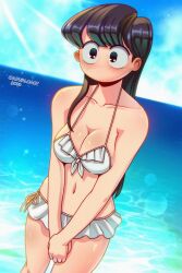 arwald beach big_breasts bikini bikini_bottom bikini_top black_eyes black_hair breasts cute cute_expression female komi-san_wa_komyushou_desu komi_shouko long_hair navel solo solo_female straight_hair tagme