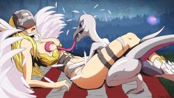 angewomon anthro ass bandai_namco bra_down breast_lick breast_play breasts crossover digimon digimon_(species) duo embarrassed female female/female fieryashy genitals human interspecies licking lizard mammal nintendo nipples outside pokémon_(species) pokemon pokemon_(species) pussy reptile salazzle scalie tongue tongue_out video_games wings yuri