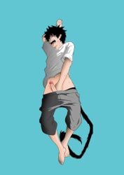 adonis_belt ao_no_exorcist arm_up belly_button bishonen black_hair black_underwear circumcised closed_eyes demon demon_boy demon_tail fangs feet full_body full_color grey_pants laying_down male_only mostly_clothed nephilim no_background okumura_rin open_mouth pants_down penile_masturbation penis_out penis_out_of_underwear penis_tip pointy_ears shaft shirt_lift shounen_jump skinny_male solo_male sweating teen_boy teenage_boy teenager uncensored unknown_artist white_shirt