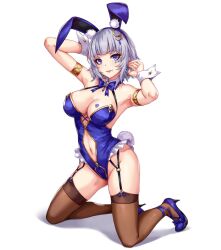 animal_ears armlet arms_up bangs blue_eyes blue_footwear blue_hair blue_hairband blue_leotard blue_nails blush breasts brown_legwear cleavage closed_mouth clothing_cutout commentary commentary_request eyebrows_visible_through_hair fake_animal_ears fake_tail female full_body garter_straps hair_ornament hairband heart high_heels highres kneeling large_breasts leotard looking_at_viewer nail_polish navel navel_cutout oc original original_character playboy_bunny rabbit_ears rabbit_tail sakiyamama short_hair simple_background smile solo tail thighhighs thighs white_background