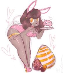 anthro ass black_hair breasts bunny_ears bunny_tail bunnysuit canine cleavage discord_(app) easter_egg easter_eggs egg eggs garter_band heart heels leaning_forward long_legs nurse_puppo ohthesunnyside overflowing_breasts poodle thighs tray white_background