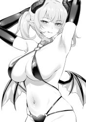 :q alexmaster armpits arms_behind_head arms_up bare_shoulders bikini breasts choker cleavage closed_mouth cowboy_shot criss-cross_halter demon demon_girl demon_horns demon_wings elbow_gloves female gloves greyscale halterneck horns large_breasts long_hair looking_at_viewer monochrome multi-strapped_bikini naughty_face navel o-ring o-ring_bikini original pointy_ears sidelocks skindentation smile solo stomach string_bikini swimsuit tongue tongue_out twintails wings