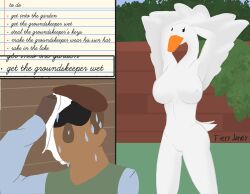 anatid anseriform anserinae anthro avian bird bodily_fluids breasts duo embarrassed exposed female fieryashy genitals goose goose_(untitled_goose_game) hands_behind_head human humor mammal meme nipples outside presenting public pussy sweat untitled_goose_game video_games