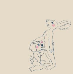 ambiguous_gender anthro blush canid canine canis chicory:_a_colorful_tale chicory_(chicory) domestic_dog duo fellatio female hand_on_head hare heart kneeling_oral_position lagomorph leporid lewmett mammal masturbation oral penile pizza_(chicory) sex standing