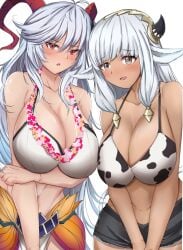 2girls alternate_costume ash_(fire_emblem) bangs bare_midriff bare_shoulders bikini blush breasts brown_eyes cleavage collarbone cow_girl cow_print cow_print_bikini dark-skinned_female dark_skin female female_only fire_emblem fire_emblem_heroes flower flower_necklace freyja_(fire_emblem) freyja_(summer)_(fire_emblem) frown grey_hair huge_breasts long_hair looking_at_viewer medium_hair midriff multicolored_hair multiple_girls nintendo official_alternate_costume pelvic_curtain pointy_ears red_eyes shorts shoulders smile swimsuit toshimasa very_long_hair white_background white_bikini white_hair white_swimsuit