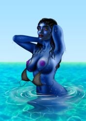 1girls areolae bikini bikini_top_removed black_hair blue_skin breasts in_water large_breasts long_hair looking_at_viewer morella nipples pickypepper red_eyes sith star_wars swimsuit wet