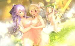 3girls absurdres alternate_hairstyle areola_slip areolae bangs bare_shoulders bare_thighs blonde_hair blush breast_grab breasts camilla_(fire_emblem) camilla_(hot_springs)_(fire_emblem) cleavage collarbone colored_inner_hair corrin_(female)_(fire_emblem) corrin_(fire_emblem) corrin_(fire_emblem)_(female) elise_(fire_emblem) embarrassed female female_only fire_emblem fire_emblem_fates fire_emblem_heroes grin hair_bun hair_over_one_eye highres kashiwamochi_yomogi large_breasts long_hair multicolored_hair multiple_girls naked_towel nintendo nude nude_female official_alternate_costume official_alternate_hairstyle onsen open_mouth pointy_ears ponytail purple_eyes purple_hair red_eyes short_hair sisters small_breasts smile smiling steam step-siblings symmetrical_docking thighs towel twintails very_long_hair washing waving waving_hand wavy_hair wet yuri