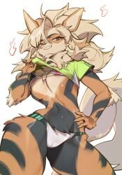 1girls anthro arcanine areola_slip bikini blonde_hair cameltoe clothes_lift female female_only fur furry hi_res long_hair messy_hair narrowed_eyes nintendo pokemon pokemon_(species) smiling smiling_at_viewer smug solo solo_female thick_thighs viewed_from_below white_background wide_hips yuio