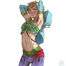 1:1 1boy 2021 arabian_clothes armpits arms_behind_head arms_up artist_name ball_bulge blue_eyes blush breath_of_the_wild brown_hair bulge canon_crossdressing clothing crop_top crossdressing cute_male detached_sleeves embarrassed eyebrows_visible_through_hair femboy gerudo_link gerudo_sirwal gerudo_top gerudo_veil hylian jewelry link link_(breath_of_the_wild) long_ears looking_at_viewer male male_only midriff monbetsu_kuniharu navel nintendo open_mouth pants pointy_ears signature simple_background solo standing swana_clothing sweat the_legend_of_zelda tiara trap twink white_background