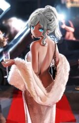 absurdres azur_lane back backless_dress backless_outfit backlighting bad_twitter_id bag bangs bare_back bare_shoulders blue_eyes blurry blurry_background breasts champagne_flute chrysa_(_sa0ru) closed_mouth cup cupping_glass dress drinking_glass earrings edit eyebrows_visible_through_hair feather_boa female from_behind handbag highres holding holding_cup jewelry light_smile looking_at_viewer looking_back median_furrow medium_hair ponytail red_carpet red_eyes sequins sideboob sidelocks silver_dress silver_hair smiling_at_viewer solo st._louis_(azur_lane) st._louis_(luxurious_wheels)_(azur_lane) standing strapless strapless_dress swept_bangs white_dress