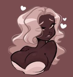 1girls amber_eyes breasts breasts breasts brown_background cleavage dark-skinned_female dark_skin female heart large_breasts large_chest long_hair oc ohthesunnyside overflowing_breasts plump_lips solo solo_female wavy_hair white_clothing white_hair