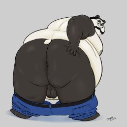 2022 anthro ass backsack balls bear belly big_belly big_butt black_body black_nose bottomwear bottomwear_down clothed clothing fat genitals giant_panda humanoid_hands male male_only mammal moobs morbidly_obese morbidly_obese_male obese obese_male osos overweight overweight_male pants pants_down partially_clothed simple_background solo solo_male ursid white_body