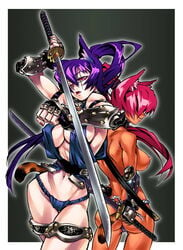 2girls animal_ears armband armlet armor ass back-to-back breasts cat_ears cat_tail dark_skin erect_nipples fantasy female female_only fundoshi gauntlets gloves humanoid katana large_breasts lipstick long_hair lynx makeup midriff multiple_girls nail nail_polish ninja nipples ponytail pose purple_hair red_hair scabbard scar schell sheathed_sword shirou sideboob sword tail tandem_twin thigh_strap thong topless weapon