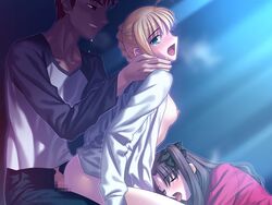 2girls artoria_pendragon bisexual blush bottomless bow breasts censored clothed dress_shirt emiya_shirou fate/stay_night fate_(series) female female_focus game_cg group_sex licking male multiple_girls nipples open_clothes open_shirt oral raglan_sleeves sex shirt takeuchi_takashi threesome tohsaka_rin tongue