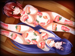 2girls areolae arms_behind_back bangs blue_hair blush breasts censored empty_eyes food gluteal_fold highres large_breasts legs long_hair looking_at_viewer lying maken-ki! mosaic_censoring mound_of_venus multiple_girls navel nightmare_express nijou_aki nipples nude nyotaimori parted_lips pink_eyes ponytail pregnant pussy red_hair restrained rokujou_minori tears thigh_gap thighs yellow_eyes