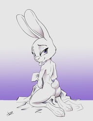 anthro ass bedroom_eyes biped disney female gradient_background half-closed_eyes hi_res judy_hopps kneeling lagomorph leporid looking_at_viewer looking_back mammal narrowed_eyes nude paws purple_eyes qrog rabbit rear_view restricted_palette seductive simple_background smile solo tasteful_nudity tongue tongue_out zootopia