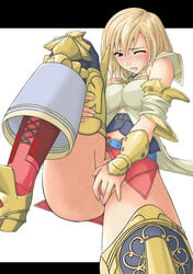 ashelia_b&#039;nargin_dalmasca blonde_hair blush boots censored detached_sleeves female final_fantasy final_fantasy_xii fingering leg_up lying masturbation midriff mikagami_sou no_panties open_mouth pussy pussy_juice short_hair skirt solo spread_legs thighhighs upskirt wink