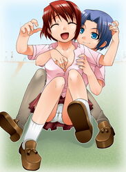 2girls blouse blue_eyes breast_grab breasts cameltoe closed_eyes female footwear miniskirt multiple_girls open_clothes open_shirt panchira panchira_(sitting) panties pantyhose pantyshot pantyshot_(sitting) pantyshot_sitting pleated_skirt red_hair school_uniform seifuku serafuku shirt shoes short_hair sitting skirt socks tickling underwear white_legwear white_panties white_socks yuri