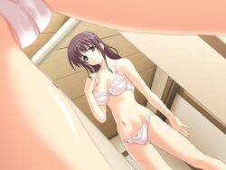 asaga_aoi bow bow_bra bow_panties bra brown_eyes brown_hair cameltoe dutch_angle game_cg kouenji_sanae lingerie long_hair navel one_suku!_~onee-san_scramble~ panties reflection solo underwear white_bra white_panties