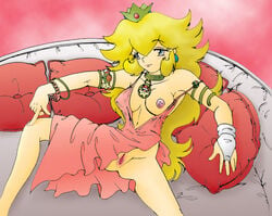 blonde_hair bracelet collar crown empty_(artist) female gloves human jewelry mario_(series) nintendo no_bra no_panties one_breast_out pillow princess_peach smooth_skin