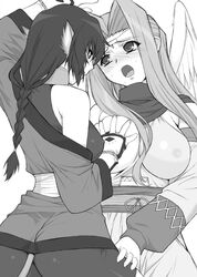 2girls animal_ear ass blush breast_grab breasts female karura_(utawarerumono) large_breasts long_hair monochrome multiple_girls open_mouth shichimenchou sweat tail ulthury_(utawarerumono) utawarerumono wings yuri