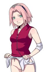 1girls 2d blush bottomless female female_only full_color green_eyes human naruto naruto_shippuden no_panties no_penetration oekaki pink_hair sakura_haruno sakura_haruno(shippuden) skirt skirt_lift smile solo solo_female straight_hair uncensored zangyura