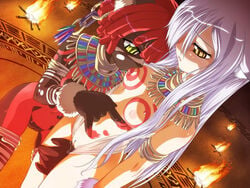 animal_ears bodypaint breast_sucking cannonball_~neko_neko_machine_mou-race!~ cat_ears dark_skin dutch_angle female fire foxbat game_cg green_eyes hair_over_one_eyes humanoid jpeg_artifacts kemonomimi koume_keito lavender_hair liarsoft long_hair magic_circle multiple_girls nacha nipples no_bra no_panties outdoors pussy red_hair short_hair small_breasts tribal uncensored yellow_eyes yuri