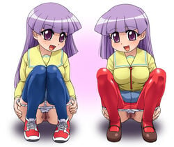 2girls blue_legwear blue_thighhighs calpara clothing crouch exposed_pussy female female_only kashiwagi_yuuma kashiwagi_yuuna leggings mary_janes multiple_females multiple_girls pani_poni_dash! panties panty_pull pantyhose pubic_hair purple_eyes purple_hair pussy red_legwear red_pantyhose shoes siblings skirt spread_legs squat squatting thighhighs tights twins underwear white_panties