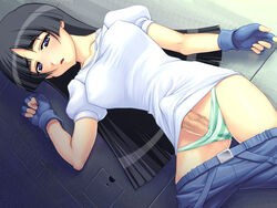 1futa black_hair blue_eyes blush bow bow_panties cameltoe dutch_angle erection fingerless_gloves futa_only futa_sans_balls futanari gloves green_panties intersex jinki long_hair lying no_testicles on_back open_mouth panties panty_pull penis penis_in_panties shirt solo solo_futa striped striped_panties tsuzaki_aoba uncensored underwear undressing veins veiny_penis yn_red