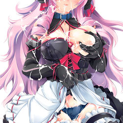 1girls aburidashi_zakuro black_panties breast_grab breasts bukkake collar cum cum_in_mouth cum_on_body cum_on_breasts cum_on_clothes cum_on_hair cum_on_upper_body drill_hair elbow_gloves facial female frills garters gloves head_out_of_frame lactation leash long_hair lowres original panties pink_hair skirt skirt_lift solo underwear