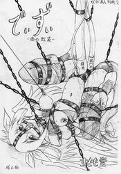 all_three_holes anal ball_gag bondage chains dizzy_(guilty_gear) female female_only female_urethral_insertion frogtie gag guilty_gear monochrome nipple_pain nipple_piercing nipple_rings nipple_torture nipples piercing sketch solo sumomo_dou urethral urethral_insertion urethral_penetration vaginal