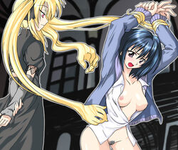 2girls angry arms_behind_back arms_up black_cat_(series) blonde_hair blue_hair blush bottomless bound_wrists breasts detached_sleeves dress eve_(black_cat) female female_only forced_yuri hair_ribbon kirisaki_kyouko long_hair mikagami_sou multiple_girls naughty_face nipples no_bra no_panties open_clothes open_mouth open_shirt pink_eyes prehensile_hair pubic_hair purple_eyes rape ribbon shirt short_hair smile tied_hair to_love-ru turtleneck twintails uncensored undressing very_long_hair yuri