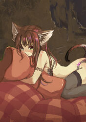 animal_ears bra brown_hair cat_ears catgirl color cute female ketsuyuki lingerie long_hair panties pillow small_breasts solo tail thighhighs underwear yellow_eyes