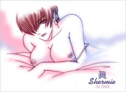 1990s 1999 20th_century bed_sheet breasts female female_only hair_over_eyes hair_over_one_eyes huge_breasts human king_of_fighters lipstick lowres makeup shermie_(kof) snk solo strap_slip