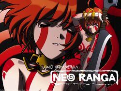 1girls ahoge bodypaint bracelet breasts closed_eyes earrings female jewelry lots_of_jewelry necklace neo_ranga nude orange_hair purple_eyes shimabara_ushio short_hair solo sword tribal wallpaper weapon