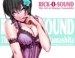 aqua_eyes armband black_hair breasts cleavage finger_to_mouth fingernails flower hair_flower hair_ornament large_breasts lingerie lipstick long_fingernails makeup nail nail_polish nails naughty_face nightgown original rick-o-sound smile underwear yamashita_shun'ya