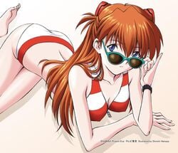 asuka_langley_sohryu barefoot bikini blue_eyes cleavage female female_only glasses hair hamaya_shin'ichi human long_hair looking_at_viewer medium_breasts neon_genesis_evangelion orange_hair soles solo sunglasses swimsuit toes white_background