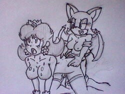 2013 2girls breasts crossover crown drawn duo earrings female female_only firegon55 flower_earrings furry gloves human lingerie mario_(series) monochrome multiple_girls nintendo nude open_mouth princess_daisy rouge_the_bat sega sex_toy shiningtatsu sonic_(series) strap-on super_mario_bros. supergon55 sweat tongue traditional_media_(artwork) wings yuri