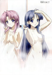 2girls adjusting_hair armpits bath bathing blue_eyes blue_hair breast_hold breasts censored convenient_bath_steam convenient_censoring covering covering_breasts female female_only hair_over_breasts hand_on_head high_resolution long_hair megami morisaki_nao mound_of_venus multiple_girls nagase_sayaka navel nude official_art pink_hair purple_eyes scan shower smile soul_link steam ueda_kazuyuki very_long_hair wet