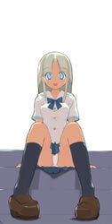 arm_support black_legwear black_socks blouse blue_eyes bow bowtie footwear kneehighs long_hair nora_higuma panties pantyshot school_uniform seifuku serafuku shoes silver_hair sitting skirt socks underwear white_panties