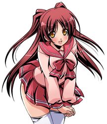 blush clothing kousaka_tamaki long_hair miniskirt red_hair school_uniform seifuku serafuku shinozuka_atsuto skirt solo stockings thighhighs tied_hair to_heart_(series) to_heart_2 twintails white_legwear white_thighhighs yellow_eyes zettai_ryouiki