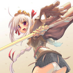 ahoge armor blush braid fingerless_gloves gloves hair_ribbon headdress knight knight_(ragnarok_online) lace-trimmed_panties leaning_forward long_hair looking_back miniskirt morii_shizuki panties pole purple_eyes ragnarok_online ribbon silver_hair single_braid skirt solo standing underwear white_panties