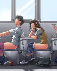 1girls 2boys classroom female male man_(trance) panties panties_around_leg panty_pull profile school_uniform seifuku serafuku sleeveless_sweater sweater sweater_vest tissue_box toilet underwear vest what white_panties zenra